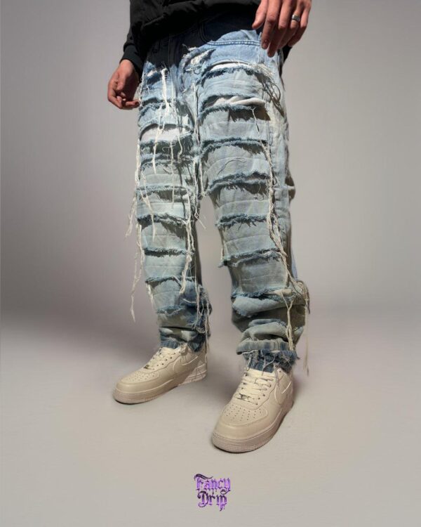 Jeans Fancy Drip “Bleached Chaos” – Denim Celeste Desgarrado